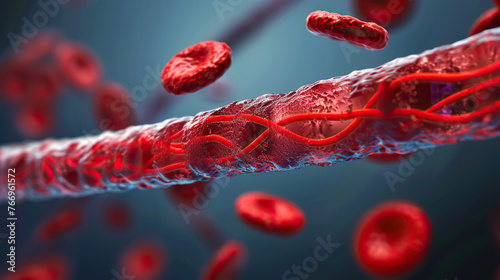 A red blood cell is shown in a close up of a blood vessel