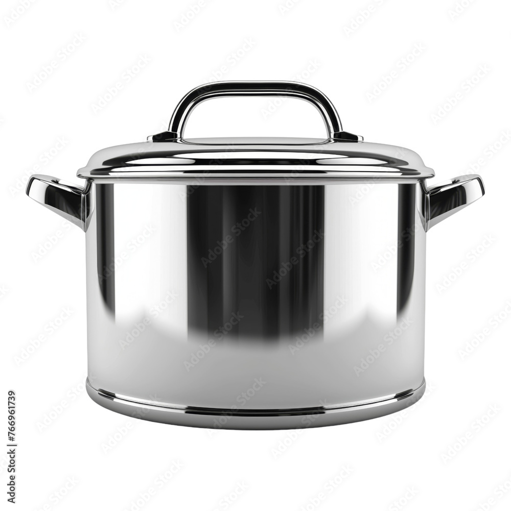 A shiny silver stainless pot with a lid on top. The lid is slightly raised. The pan is sitting on a white background A shiny silver stainless pot with a lid on top. The lid is slightly raised. The pan is sitting on a white background