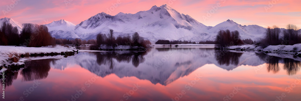 Awakening Infinity: A Heavenly Dawn Breaking Over Serene Mountain Lake - obrazy, fototapety, plakaty 