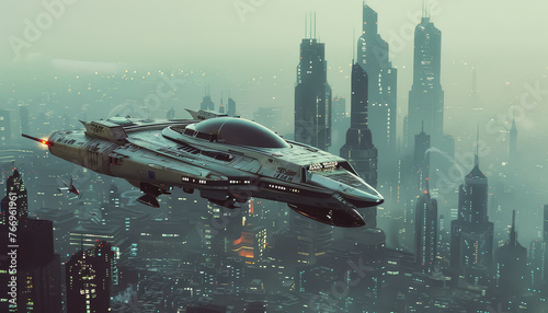 A futuristic space ship is flying through a city with tall buildings