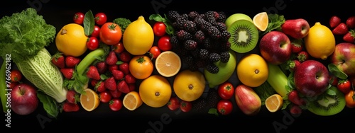 Fruits and berries on a black background. Healthy food concept. © KRIS