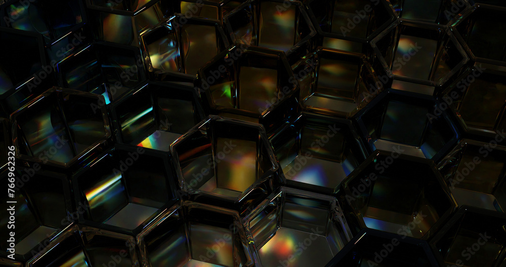 Fototapeta premium Glass hexagons honeycomb with rainbow highlights, abstract background 3d rendering