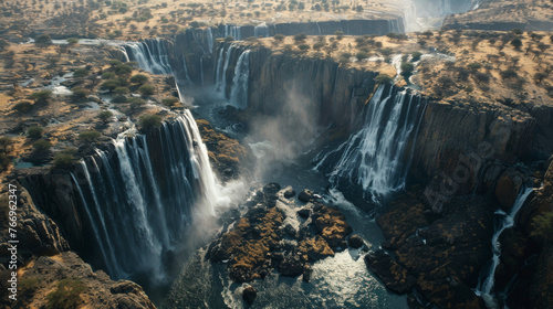 Majestic Aerial View of a Breathtaking Waterfall in a Rocky Landscape