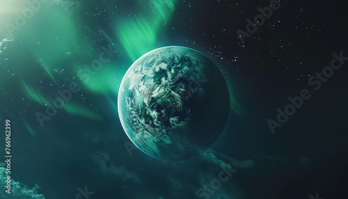 A planet with a greenish hue and a bright blue aurora