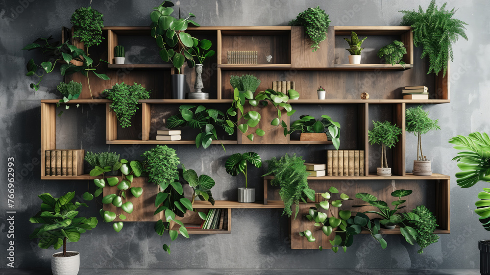 a contemporary style bookshelf adorned with plants that serves as a modern decorative element for virtual office backdrops studio backgrounds or can be printed in a large format to enhance a back a contemporary style bookshelf adorned with plants that serves as a modern decorative element for virtual office backdrops studio backgrounds or can be printed in a large format to enhance a back