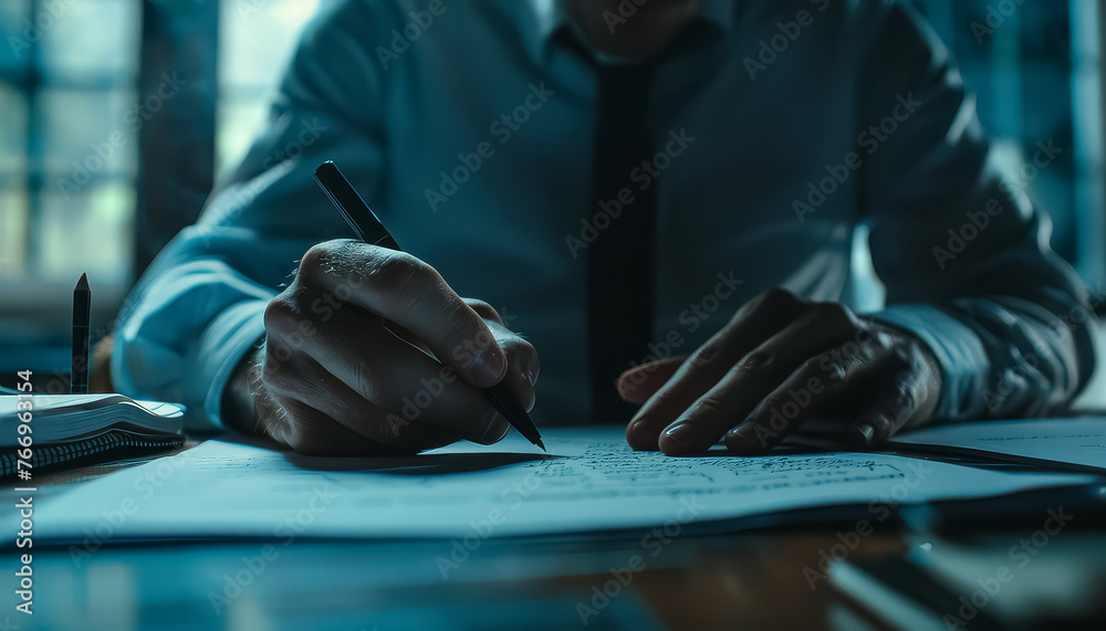 A man is writing on a piece of paper with a pen