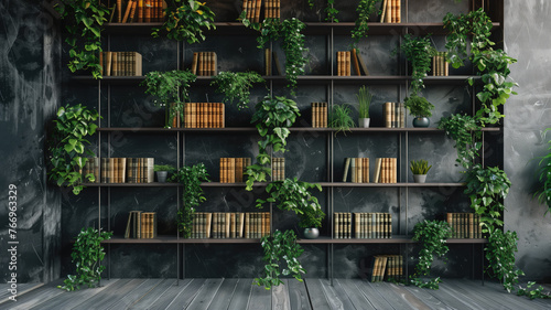 a contemporary style bookshelf adorned with plants that serves as a modern decorative element for virtual office backdrops studio backgrounds or can be printed in a large format to enhance a back