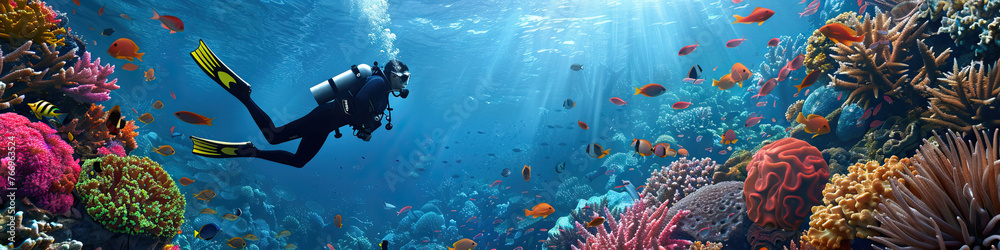 Fototapeta premium Underwater Serenity: A Scuba Diver Exploring Vibrant Coral Reefs, Surrounded by Tropical Fish