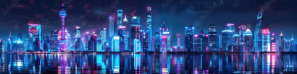 Dynamic Cityscape: Skyscrapers Illuminated by Neon Lights, Reflecting the Pulse of Urban Life