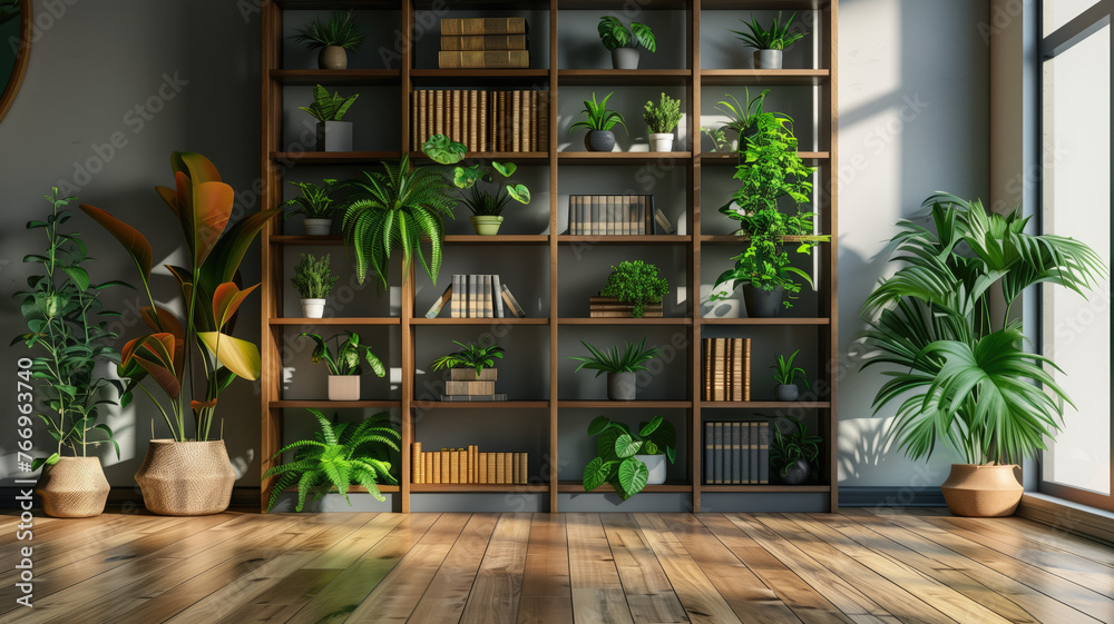a contemporary style bookshelf adorned with plants that serves as a modern decorative element for virtual office backdrops studio backgrounds or can be printed in a large format to enhance a back - obrazy, fototapety, plakaty 