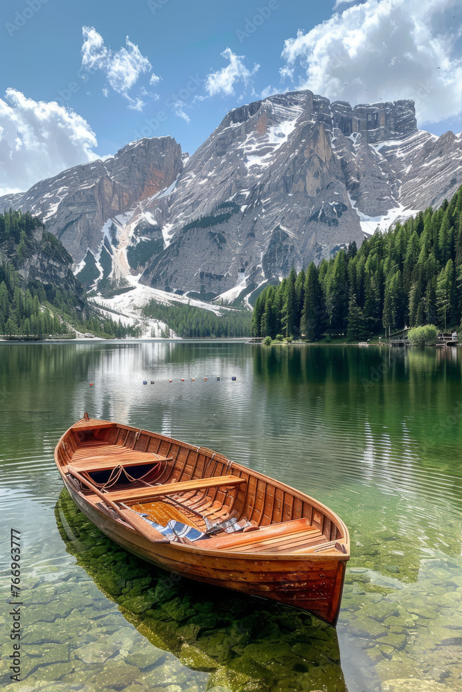 Serene Mountain Lake with Lone Rowboat in Pristine Nature