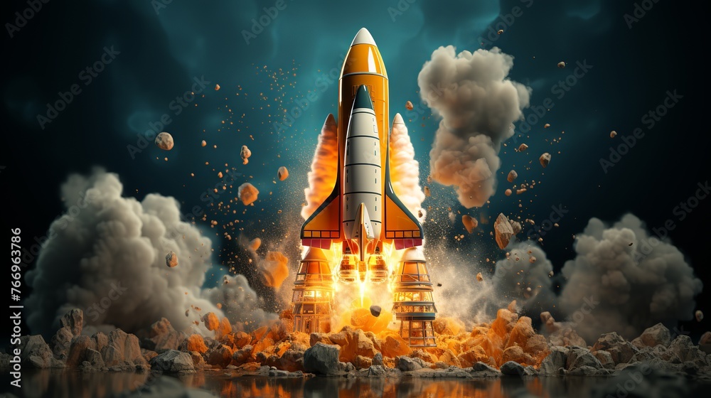 Space rocket takes off into the sky - obrazy, fototapety, plakaty 