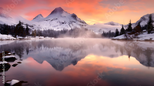 Awakening Infinity: A Heavenly Dawn Breaking Over Serene Mountain Lake