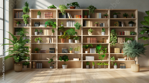 a contemporary style bookshelf adorned with plants that serves as a modern decorative element for virtual office backdrops studio backgrounds or can be printed in a large format to enhance a back