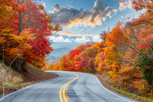 An expansive highway winding through a dense forest ablaze with the colors of autumn, the golden hues of the leaves creating a breathtaking canopy overhead as sunlight filters through, casting warm