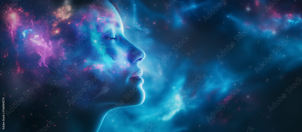 Profile of a woman with a cosmic, star-filled face. Profile of a woman with a cosmic, star-filled face.