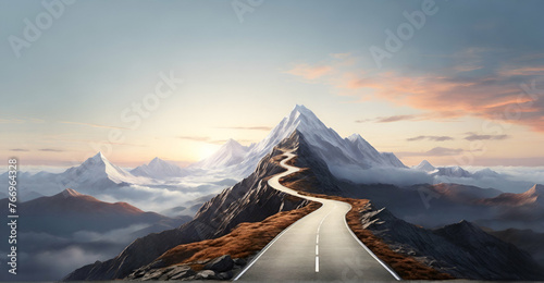 Road going to flag on mountain top, Business goals achievement concept  ai generative photo