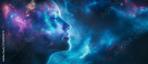 Profile of a woman with a cosmic, star-filled face.
