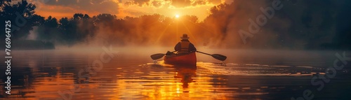 Canoeing on a serene lake at sunrise