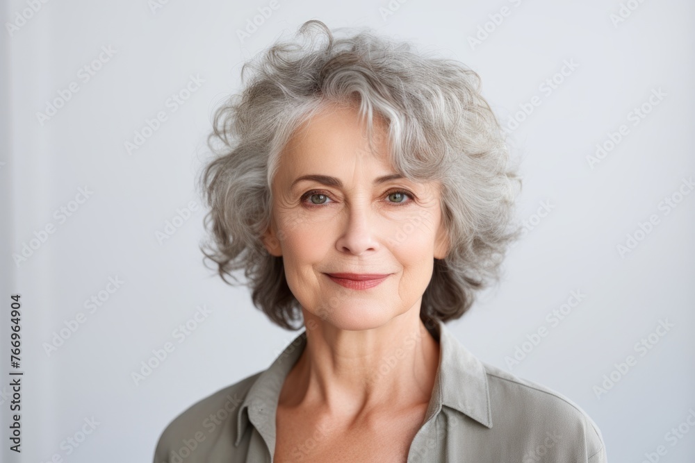Portrait of smiling senior woman with grey hair, isolated on grey background Portrait of smiling senior woman with grey hair, isolated on grey background