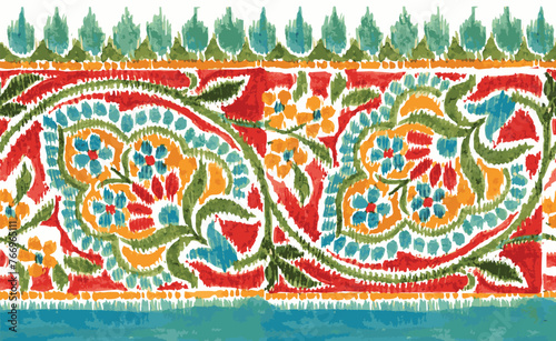 Traditional Ikat Textile Embroidery Border, paisley border design.