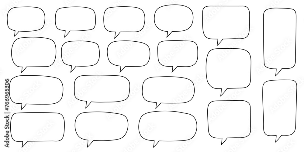 Set of hand drawn line speech bubbles in rectangular shape. Speech balloon, chat bubble art vector line speech bubbles for apps and websites.