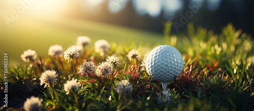 Close-up golf ball on tee photo