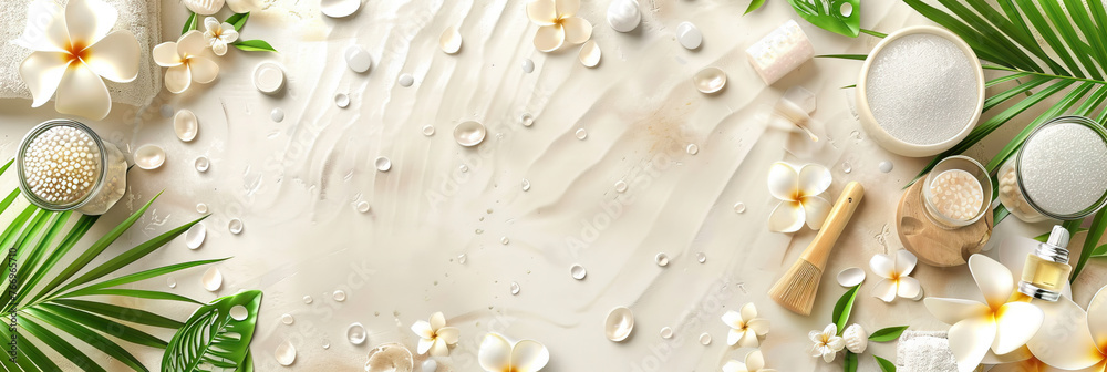 Luxury Spa Retreat Essentials: Pampering Products for a Relaxing Spa Experience at Home. Modern cover header background banner with space for text, top view Cover ads banner, flyer