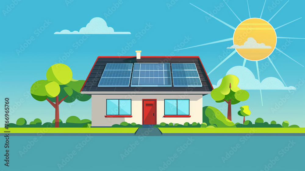 Solar panels on a house roof, renewable energy, vector,