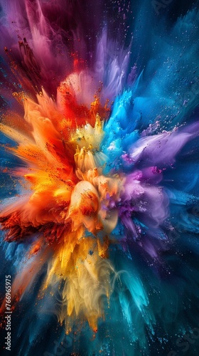 Various colors explode and mix in the air, creating a dynamic and colorful display of energy