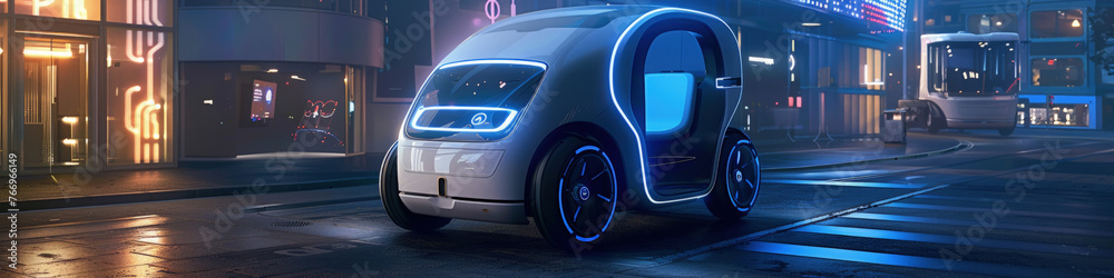 Sleek futuristic car speeds down a city street at night, lights glowing against the dark urban backdrop