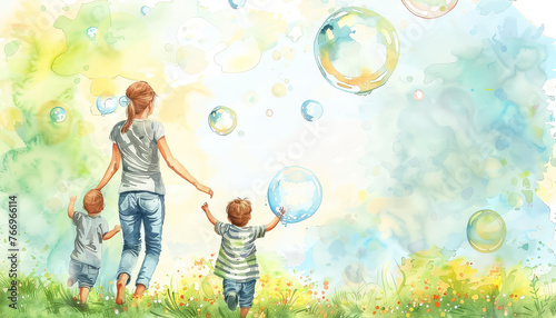 A woman is holding three children and blowing bubbles