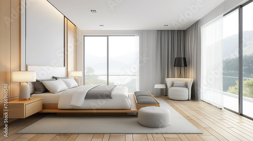 Modern bedroom with scenic view and sunlight.