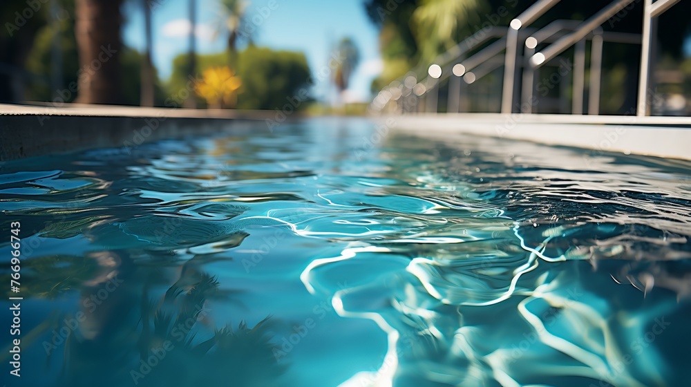 Ladder stainless handrails for descent into swimming pool.