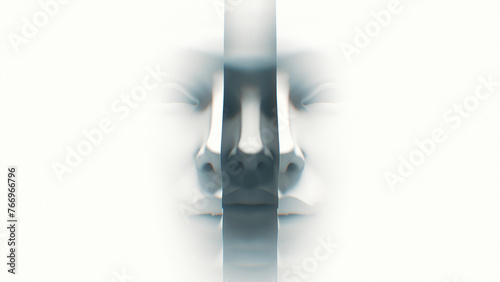 Close in on a human face split down the middle and opening to reveal repeated faces inside.