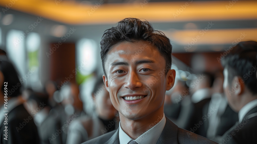 A man in a suit is smiling and looking at the camera. He is surrounded by other people, some of whom are also smiling. The atmosphere seems to be friendly. In the conference room, a 40 years old man A man in a suit is smiling and looking at the camera. He is surrounded by other people, some of whom are also smiling. The atmosphere seems to be friendly. In the conference room, a 40 years old man
