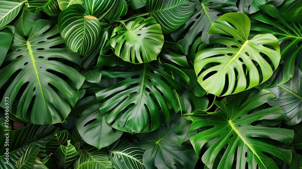 Dark green leaves of monstera or split-leaf philodendron (Monstera deliciosa) tropical foliage plant growing in the wild isolated on white background, clipping path included.1 - obrazy, fototapety, plakaty 