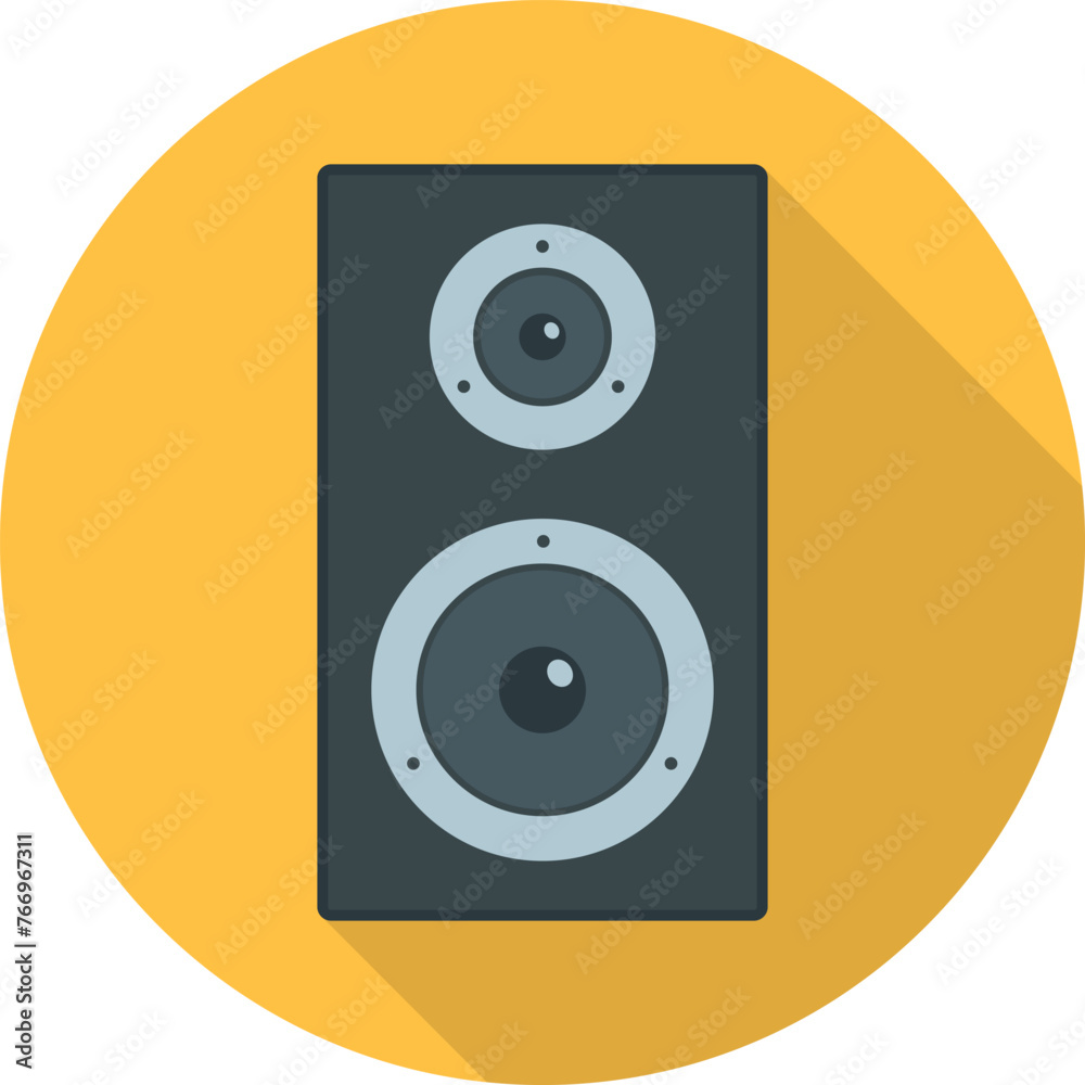 Retro audio speaker, retro audio speaker icon isolated on yellow background with shadow. Vector, cartoon illustration.