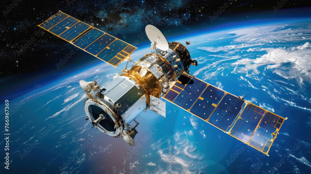 A detailed illustration of a satellite floating in the vastness of space, with the Earth in the background A detailed illustration of a satellite floating in the vastness of space, with the Earth in the background