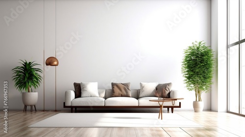 interior design, modern family room or simple and minimalist living room with sofa, table, lamp