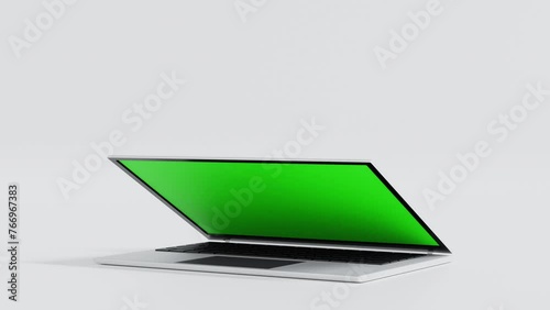 Laptop turn and open to show green screen then turn away and close the screen display, application website presentation, 3D rendering loop 4K UHD.