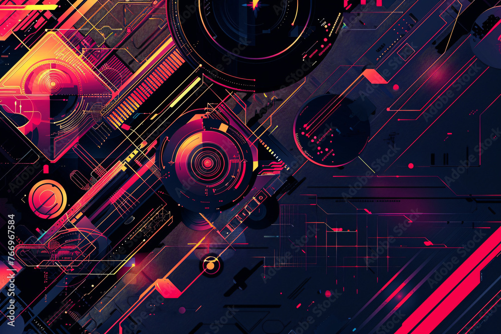 Vibrant abstract circuitry illustration with red and purple tones