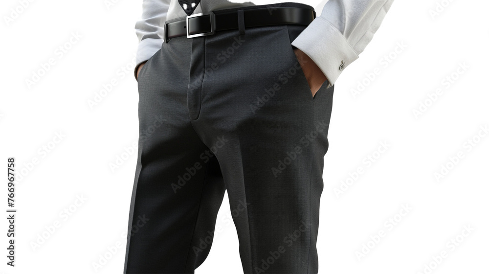 A stylish pair of men's formal trousers, featuring a modern fit and impeccable craftsmanship, their refined silhouette and luxurious fabric captured flawlessly against a pristine white backdrop