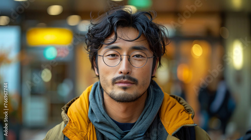 A man with glasses and a beard stands in front of a building. He is wearing a yellow jacket and a scarf. 30 years old of this asian guy