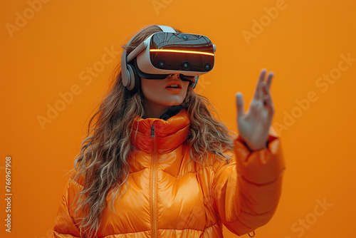Very excited young casual woman VR glasses, touching something invisible on flat color background photo