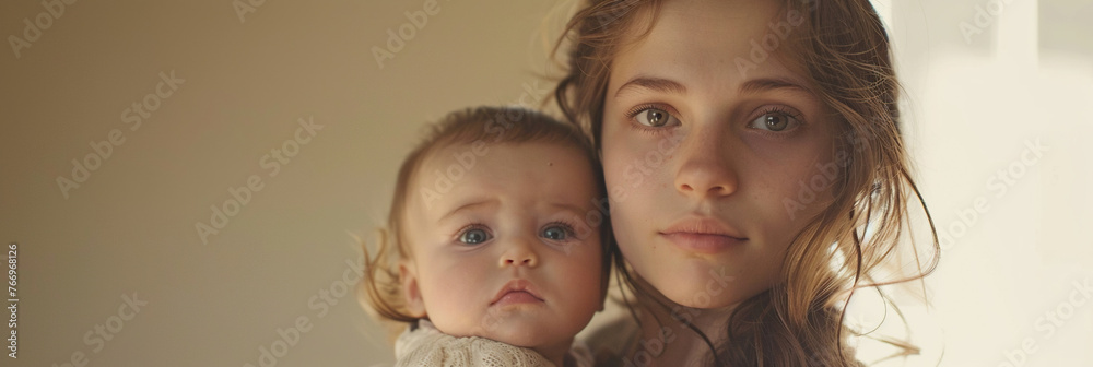 Young mother embracing her baby tenderly, both looking towards the camera with soft, natural lighting and a neutral background. Young mother embracing her baby tenderly, both looking towards the camera with soft, natural lighting and a neutral background.