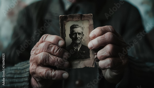 A man is holding a picture of a man in a military uniform