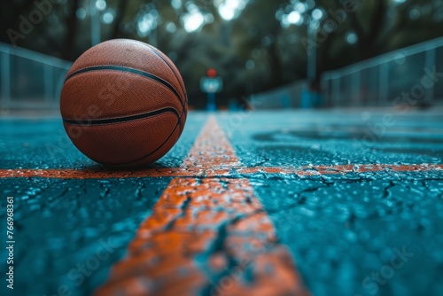 Basketball resting on the court's chalk line, the stark contrast between its vibrant colors and the white chalk. © Nattadesh