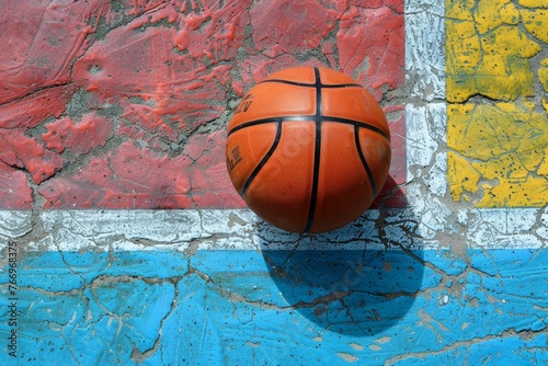 Basketball resting on the court's chalk line, the stark contrast between its vibrant colors and the white chalk.