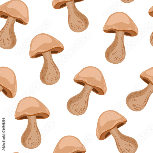 Mushrooms pattern. Seamless background, boletus fungi. Autumn porcini, brown fungus, repeating print, endless texture. Printable flat graphic vector illustration for wrapping, textile, fabric design